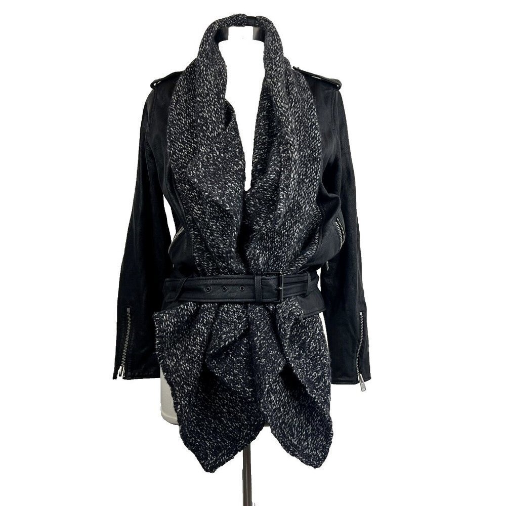 AllSaints Texture Wrap Biker Jacket 8 Womens Black Leather Belted Zippers Lined